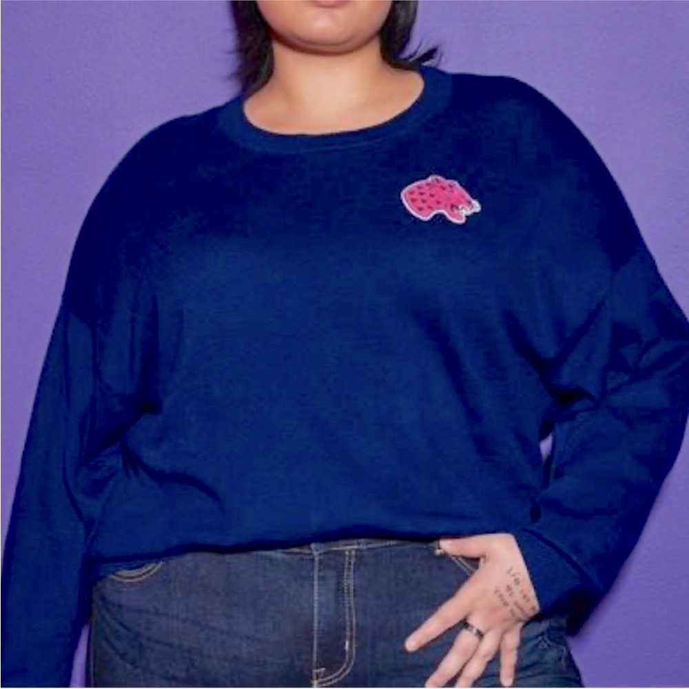 Torrid LoveSick Blue Crew Neck Sweater Pink Leopard Patch Stretch Size 4 4x